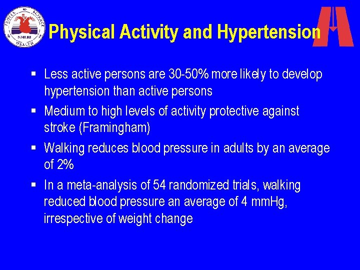 Physical Activity and Hypertension § Less active persons are 30 -50% more likely to