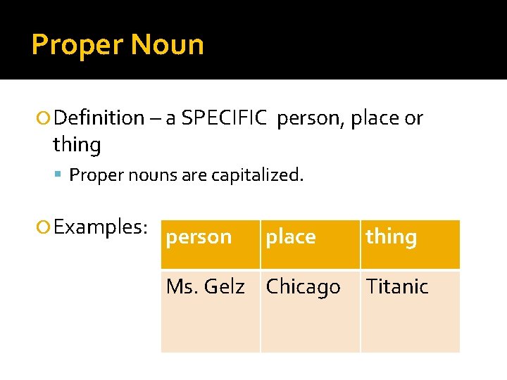 Proper Noun Definition – a SPECIFIC thing person, place or Proper nouns are capitalized.