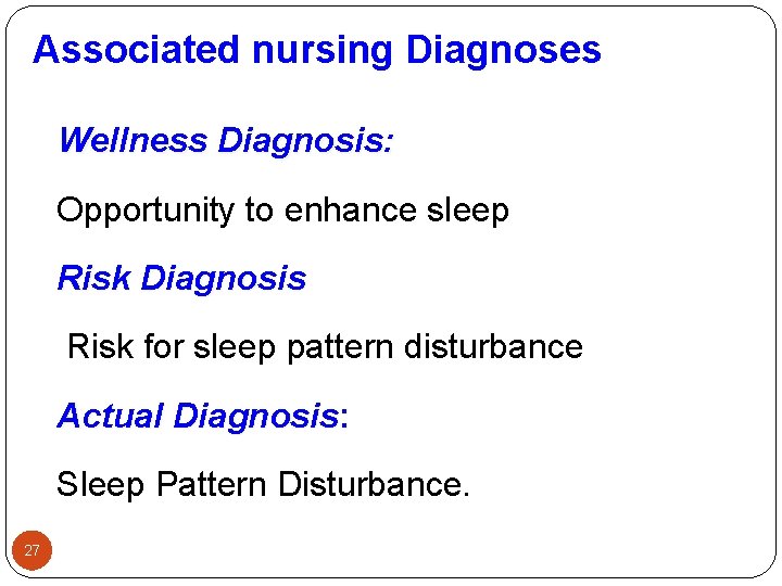 Associated nursing Diagnoses Wellness Diagnosis: Opportunity to enhance sleep Risk Diagnosis Risk for sleep