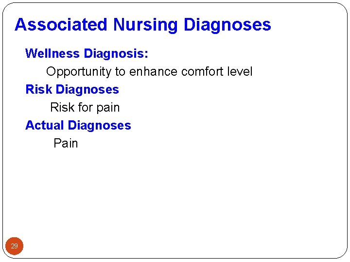 Associated Nursing Diagnoses Wellness Diagnosis: Opportunity to enhance comfort level Risk Diagnoses Risk for