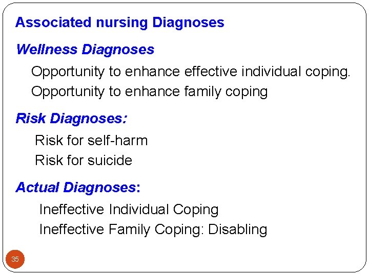 Associated nursing Diagnoses Wellness Diagnoses Opportunity to enhance effective individual coping. Opportunity to enhance