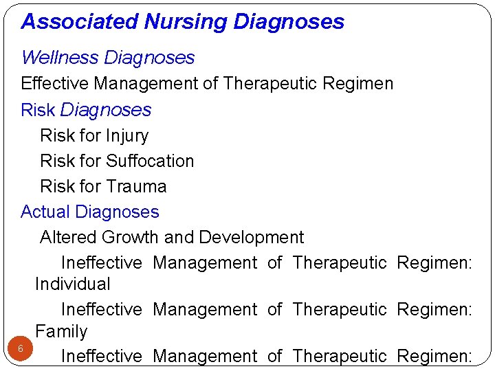 Associated Nursing Diagnoses Wellness Diagnoses Effective Management of Therapeutic Regimen Risk Diagnoses Risk for