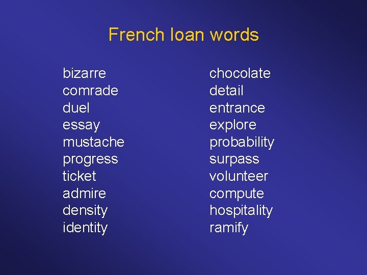 French loan words bizarre comrade duel essay mustache progress ticket admire density identity chocolate
