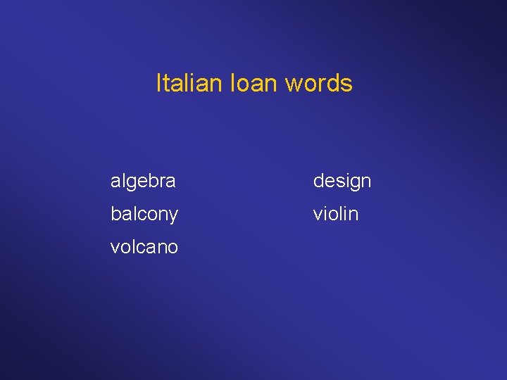 Italian loan words algebra design balcony violin volcano 