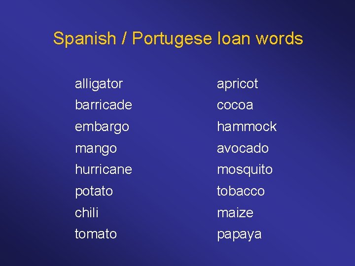 Spanish / Portugese loan words alligator apricot barricade cocoa embargo hammock mango avocado hurricane