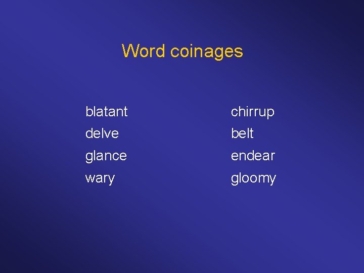 Word coinages blatant chirrup delve belt glance endear wary gloomy 