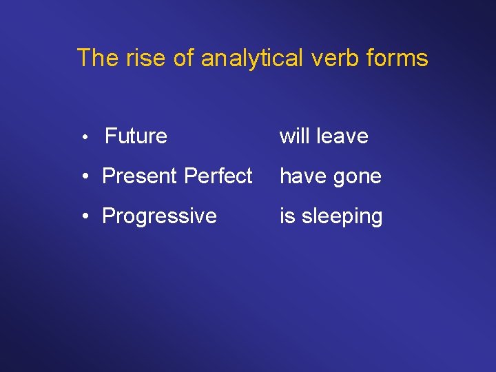 The rise of analytical verb forms • Future will leave • Present Perfect have