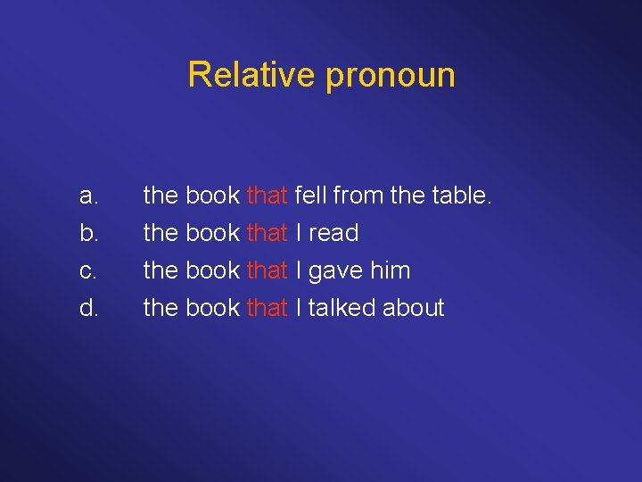 Relative pronoun a. the book that fell from the table. b. c. d. the