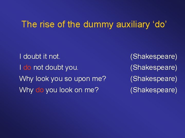 The rise of the dummy auxiliary ‘do’ I doubt it not. (Shakespeare) I do