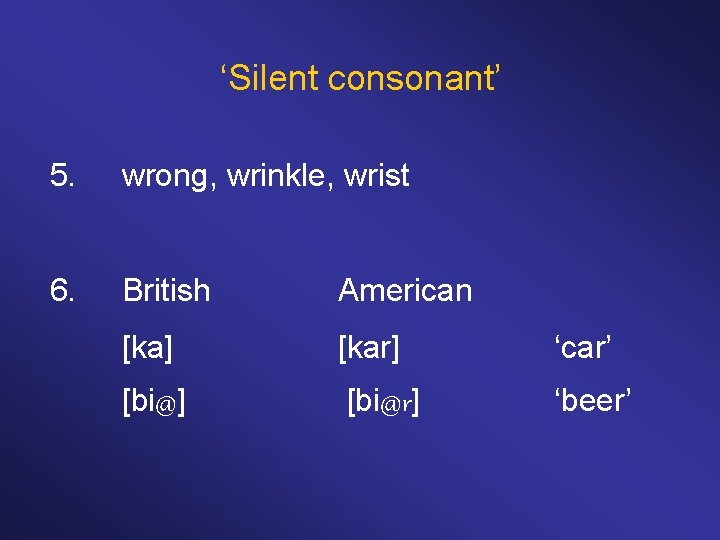 ‘Silent consonant’ 5. wrong, wrinkle, wrist 6. British [ka] [bi@] American [kar] [bi@r] ‘car’