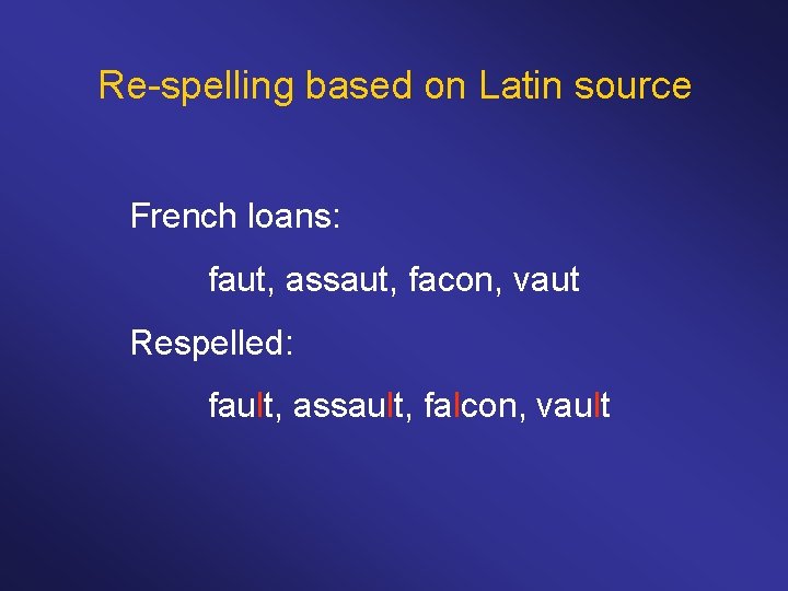Re-spelling based on Latin source French loans: faut, assaut, facon, vaut Respelled: fault, assault,