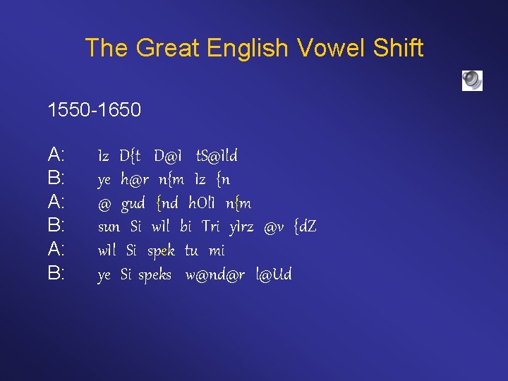 The Great English Vowel Shift 1550 -1650 A: B: Iz D{t D@I t. S@Ild