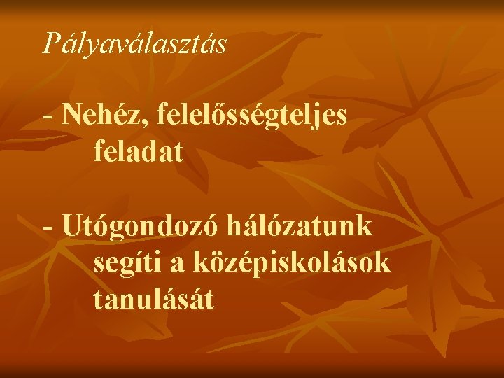 Pályaválasztás - Nehéz, felelősségteljes feladat - Utógondozó hálózatunk segíti a középiskolások tanulását 