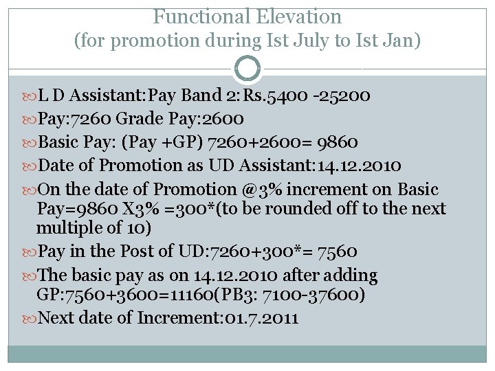Functional Elevation (for promotion during Ist July to Ist Jan) L D Assistant: Pay