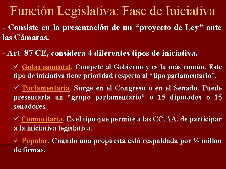 Función Legislativa: Fase de Iniciativa - Consiste en la presentación de un “proyecto de