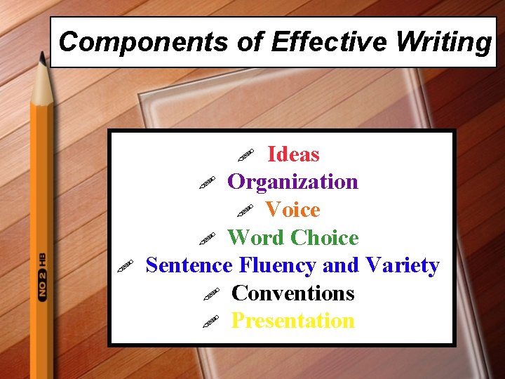 Components of Effective Writing Ideas ! Organization ! Voice ! Word Choice Sentence Fluency