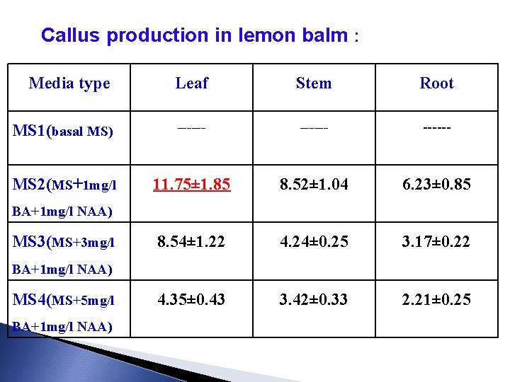 Callus production in lemon balm : Media type Leaf Stem Root MS 1(basal MS)