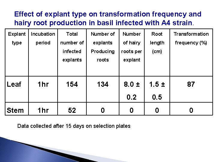 Effect of explant type on transformation frequency and hairy root production in basil infected