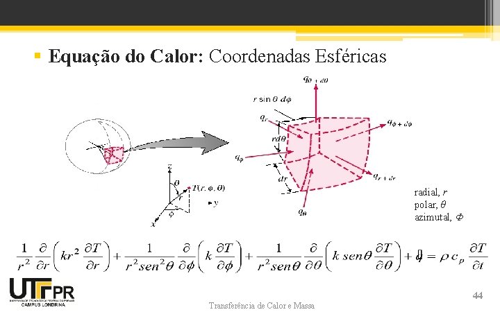 § Equação do Calor: Coordenadas Esféricas radial, r polar, θ azimutal, Φ Transferência de § Equação do Calor: Coordenadas Esféricas radial, r polar, θ azimutal, Φ Transferência de