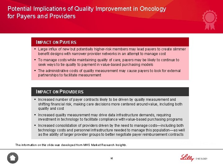 Potential Implications of Quality Improvement in Oncology for Payers and Providers IMPACT ON PAYERS