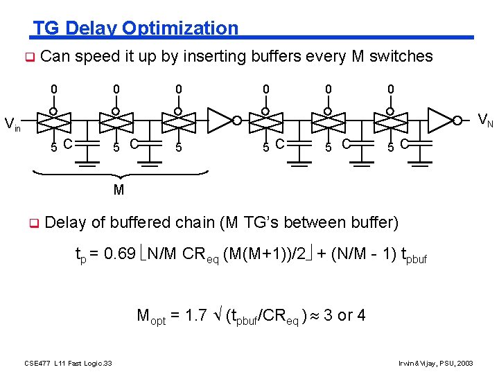 TG Delay Optimization q Can speed it up by inserting buffers every M switches