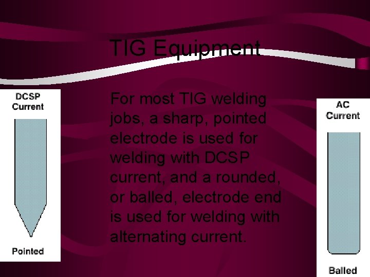TIG Equipment For most TIG welding jobs, a sharp, pointed electrode is used for