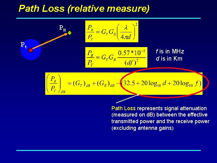 Path Loss (relative measure) PR Pt f is in MHz d is in Km