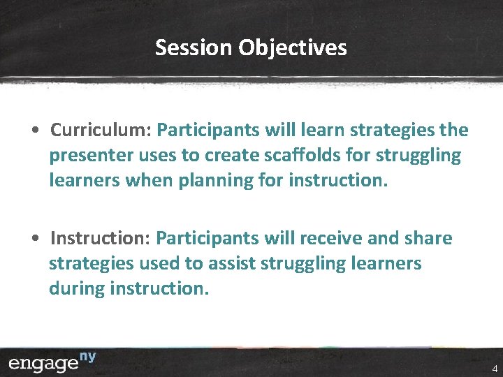 Session Objectives • Curriculum: Participants will learn strategies the presenter uses to create scaffolds Session Objectives • Curriculum: Participants will learn strategies the presenter uses to create scaffolds