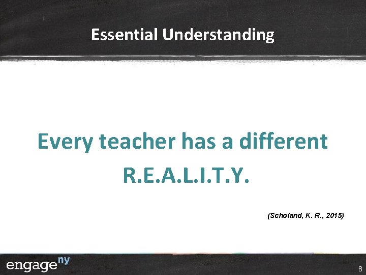 Essential Understanding Every teacher has a different R. E. A. L. I. T. Y. Essential Understanding Every teacher has a different R. E. A. L. I. T. Y.