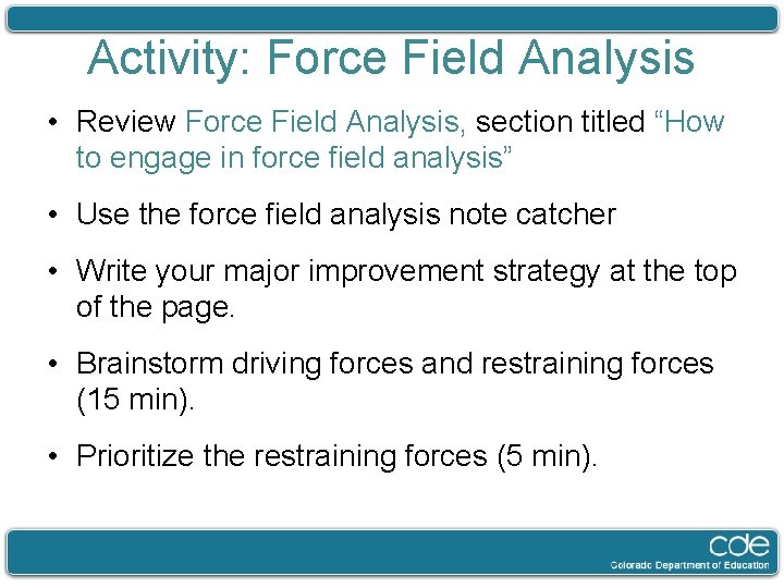 Activity: Force Field Analysis • Review Force Field Analysis, section titled “How to engage