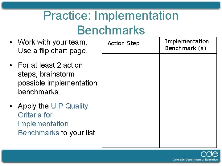 Practice: Implementation Benchmarks • Work with your team. Use a flip chart page. •