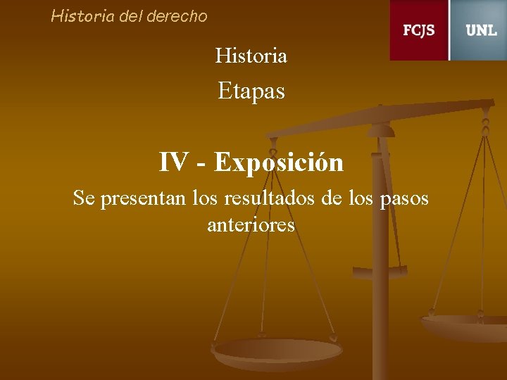 Historia del derecho Historia Etapas IV - Exposición Se presentan los resultados de los