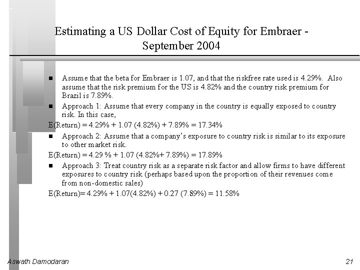 Estimating a US Dollar Cost of Equity for Embraer September 2004 Assume that the Estimating a US Dollar Cost of Equity for Embraer September 2004 Assume that the