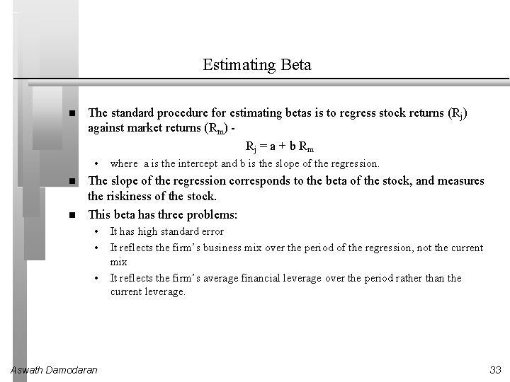 Estimating Beta The standard procedure for estimating betas is to regress stock returns (Rj) Estimating Beta The standard procedure for estimating betas is to regress stock returns (Rj)