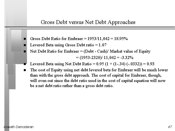 Gross Debt versus Net Debt Approaches Gross Debt Ratio for Embraer = 1953/11, 042 Gross Debt versus Net Debt Approaches Gross Debt Ratio for Embraer = 1953/11, 042