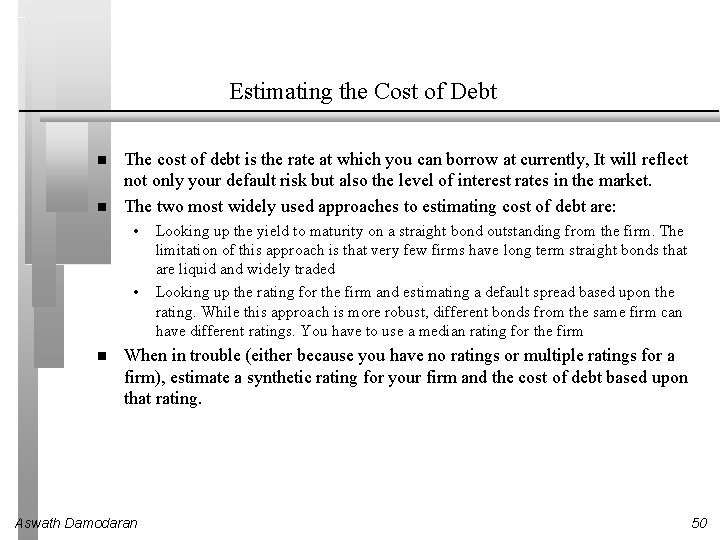 Estimating the Cost of Debt The cost of debt is the rate at which Estimating the Cost of Debt The cost of debt is the rate at which