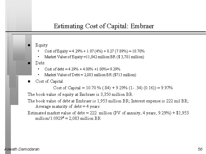 Estimating Cost of Capital: Embraer Equity • • Cost of Equity = 4. 29% Estimating Cost of Capital: Embraer Equity • • Cost of Equity = 4. 29%