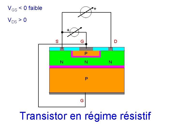 VGS < 0 faible + VDS > 0 + S G D P N