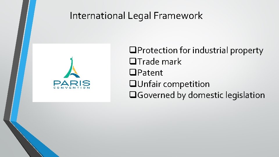 International Legal Framework q. Protection for industrial property q. Trade mark q. Patent q.