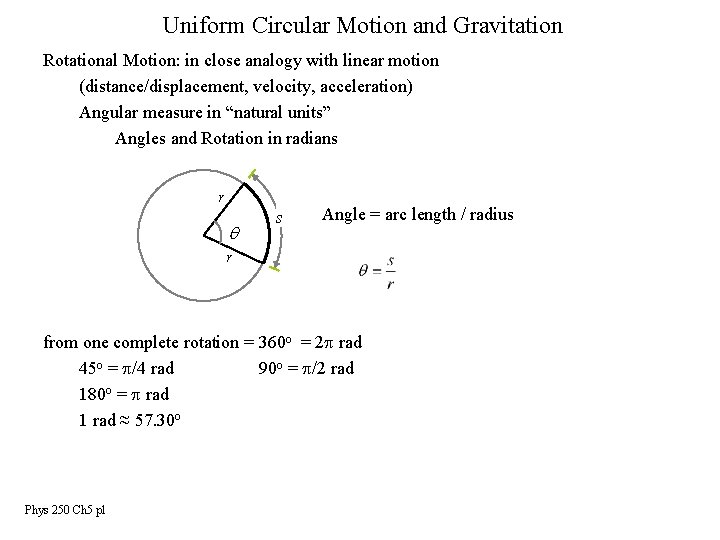 Uniform Circular Motion and Gravitation Rotational Motion: in close analogy with linear motion (distance/displacement,