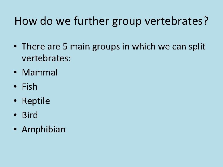 How do we further group vertebrates? • There are 5 main groups in which