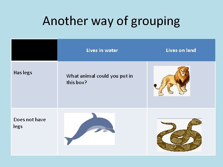 Another way of grouping Lives in water Has legs Does not have legs What