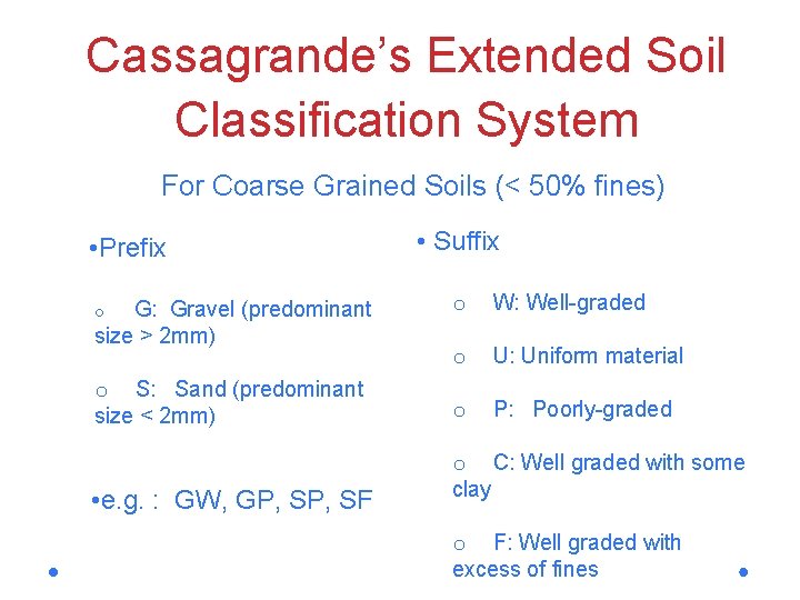 Cassagrande’s Extended Soil Classification System For Coarse Grained Soils (< 50% fines) • Prefix