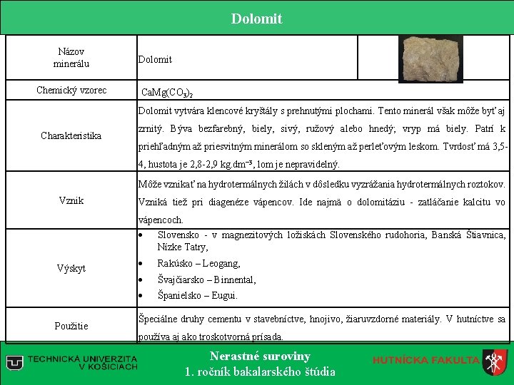Dolomit Názov minerálu Chemický vzorec Dolomit Ca. Mg(CO 3)2 Dolomit vytvára klencové kryštály s Dolomit Názov minerálu Chemický vzorec Dolomit Ca. Mg(CO 3)2 Dolomit vytvára klencové kryštály s