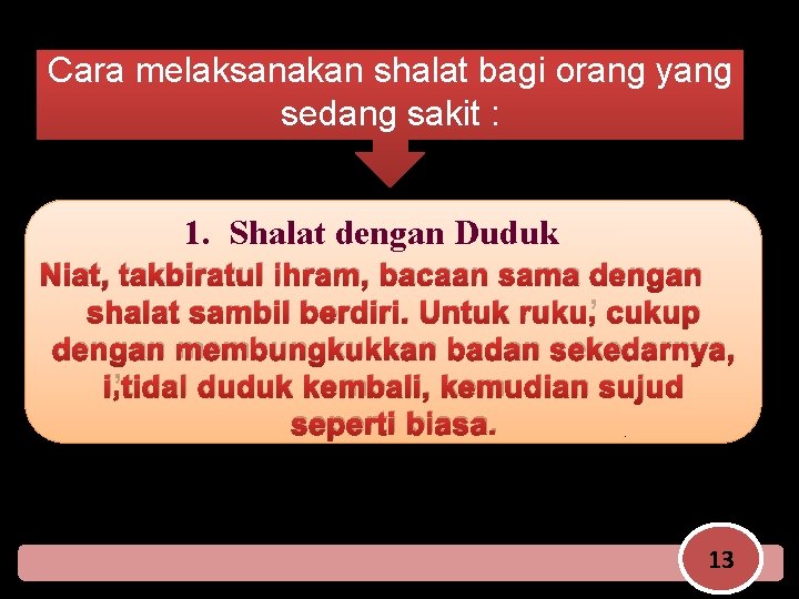 Cara melaksanakan shalat bagi orang yang sedang sakit : 1. Shalat dengan Duduk Niat,