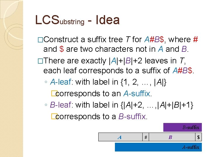 LCSubstring - Idea �Construct a suffix tree T for A#B$, where # and $