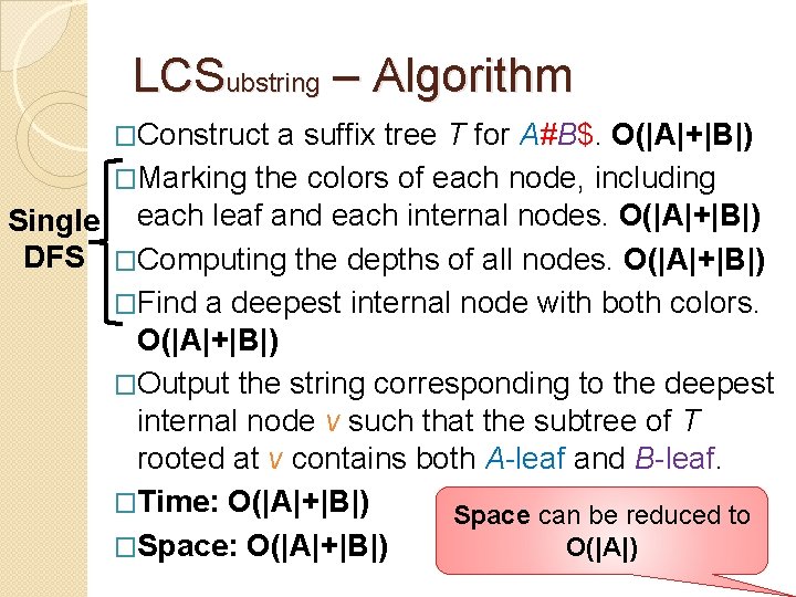 LCSubstring – Algorithm �Construct a suffix tree T for A#B$. O(|A|+|B|) �Marking the colors