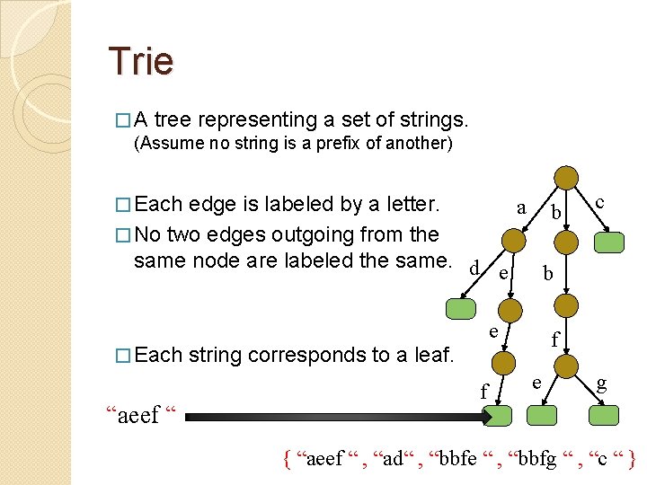 Trie � A tree representing a set of strings. (Assume no string is a