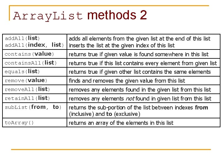 Array. List methods 2 add. All(list) adds all elements from the given list at