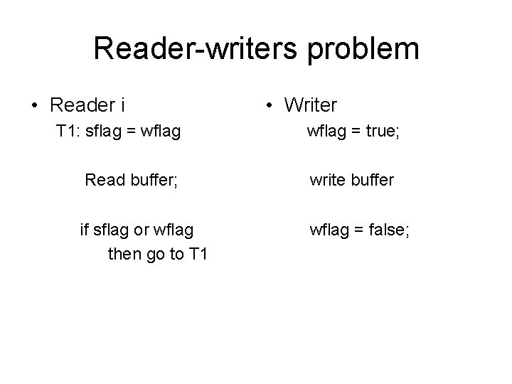 Reader-writers problem • Reader i T 1: sflag = wflag • Writer wflag =